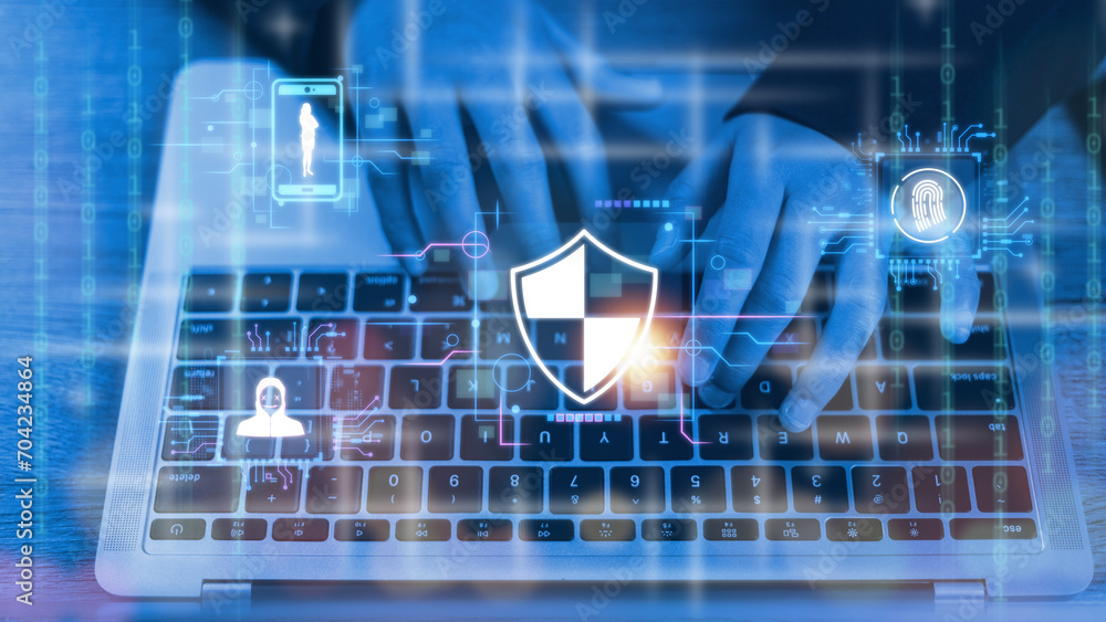 Aufkleber with global network security technology, business people protect personal information. encryption wi