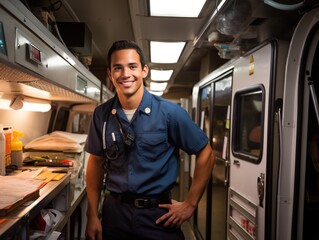 Hispanic male paramedic smiling in an ambulance - obrazy, fototapety, plakaty