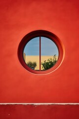 Round window on red wall