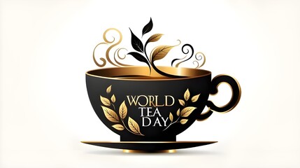 International Tea Day May 21 concept background. Vector illustration luxury logo design cup of tea, tea leaves with copy space isolated on white background for concept of International Tea Day