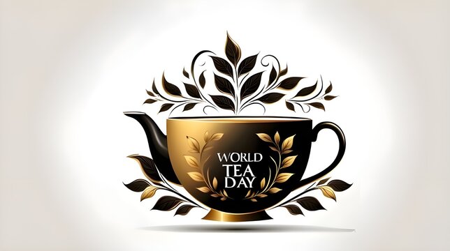 International Tea Day May 21 concept background. Vector illustration luxury logo design cup of tea, tea leaves with copy space isolated on white background for concept of International Tea Day
