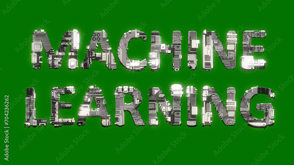 Poster industrial style cybernetic text machine learning on chroma key screen background, isolated - object