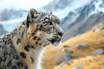 The regal presence of a snow leopard against the rugged backdrop of a mountainous terrain