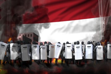 Netherlands police officers on city street are protecting country against disorder - protest stopping concept, military 3D Illustration on flag background