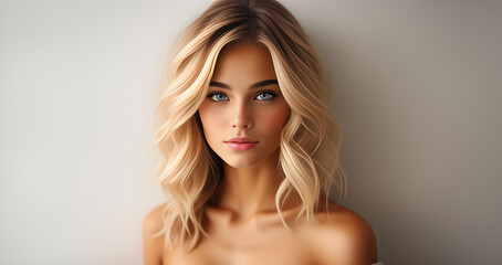 Naklejka premium Beautiful blonde girl, closeup face. Beautiful brunette woman, portrait close up. Face of sensual woman with blue eyes. Beauty face. Model girl with curly hairstyle. Woman face close up.