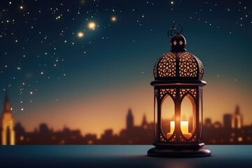 Arab lantern with a light inside in the night on background of lights and bokeh. Ramadan.