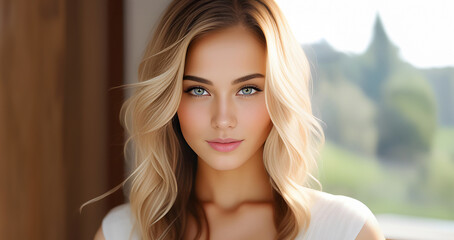 Attractive woman. Beautiful woman, portrait close up. Gorgeous woman with blue eyes, perfect skin, plump lips. Beauty face. Fashion portrait. Beauty model girl with curly hairstyle. Sexy Woman. - obrazy, fototapety, plakaty