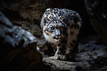 A snow leopard displaying its stealth and predatory instincts in the shadows of a rocky landscape