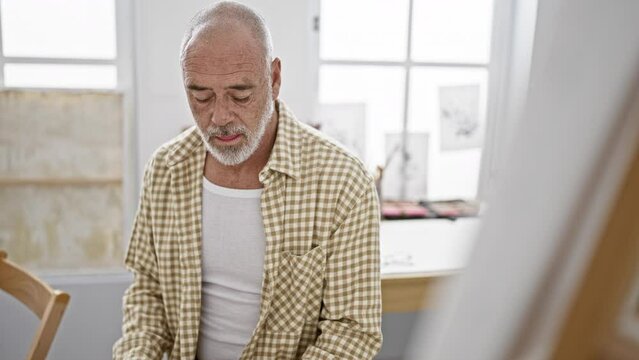 Senior man thinking while painting in a bright art studio