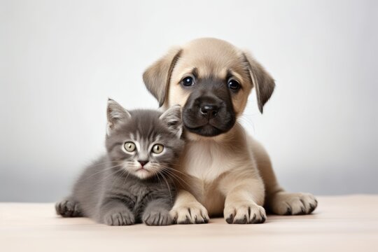 cat and dog are looking at camera. kitten and puppy are lying side by side. Friends.