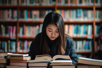Asian young woman studying in a library surrounded by books.