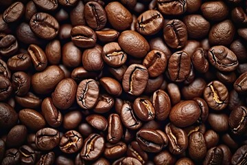 Fototapeta premium Energetic macro view of dark coffee beans forming beautiful background with mocha undertones representing aromatic awakening of breakfast energies in gourmet coffee composition
