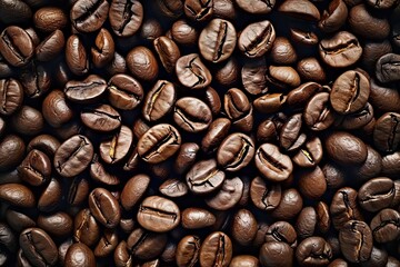 Fototapeta premium Energetic macro view of dark coffee beans forming beautiful background with mocha undertones representing aromatic awakening of breakfast energies in gourmet coffee composition