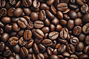 Obraz premium Energetic macro view of dark coffee beans forming beautiful background with mocha undertones representing aromatic awakening of breakfast energies in gourmet coffee composition