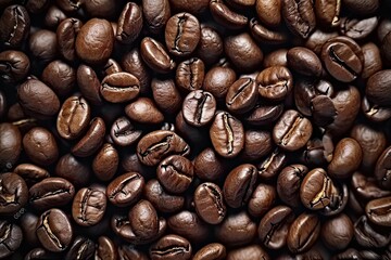 Obraz premium Energetic macro view of dark coffee beans forming beautiful background with mocha undertones representing aromatic awakening of breakfast energies in gourmet coffee composition