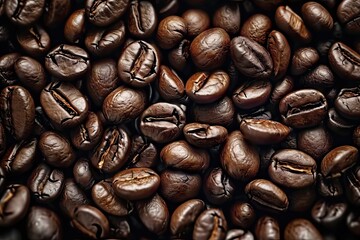 Fototapeta premium Energetic macro view of dark coffee beans forming beautiful background with mocha undertones representing aromatic awakening of breakfast energies in gourmet coffee composition