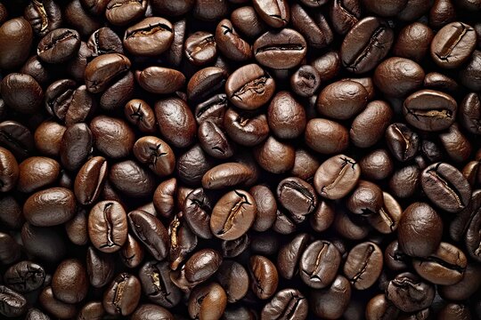 Energetic macro view of dark coffee beans forming beautiful background with mocha undertones representing aromatic awakening of breakfast energies in gourmet coffee composition