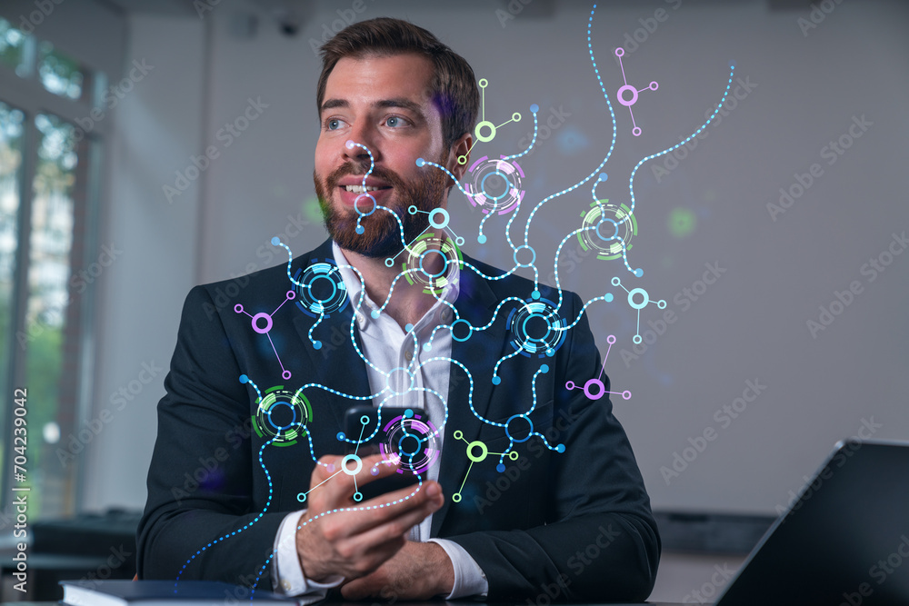 Poster smiling businessman talking holding using smartphone typing at office workplace with notebook. conce