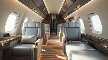 interior of private jet parked on airport runway during daytime - obrazy, fototapety, plakaty