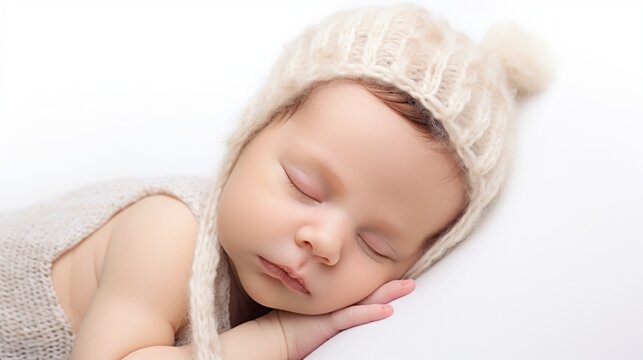 A close-up portrait of a sleeping newborn baby wearing a knitte hat on a white background. Studio professional photo shoot. New life, family and children concepts.