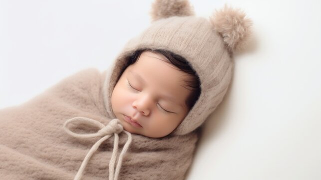 A close-up portrait of a sleeping newborn baby wearing a knitted beige hat on a white background. Studio professional photo shoot. New life, family and children concepts.