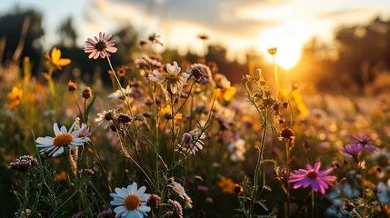 Door stickers Meadow, Swamp flowers meadows field green plant sunset. Nature and landscape travel. season summer. style vintage.