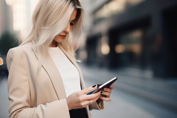 Fototapeta premium Businesswoman in the city using her smartphone