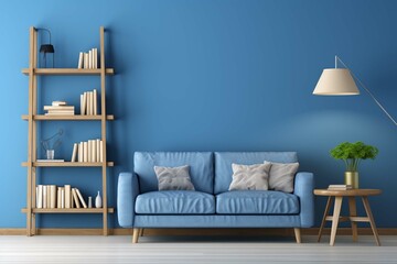 Blue living room with sofa and shelf - 3d rendering