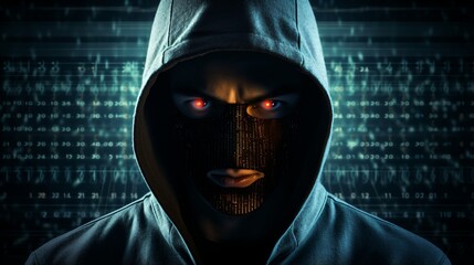 A menacing masked man in a dark hoodie with glowing red eyes - obrazy, fototapety, plakaty