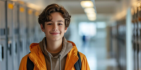 Fototapeta premium A happy small elementary school student boy with a schoolbag at school, in a dressing room locker hallway smiling looking into camera. Enjoying education concept. Copy paste empty place for text