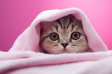 Cute Scottish fold cat wrapped in a towel on pink background looking at camera. Washing pets.