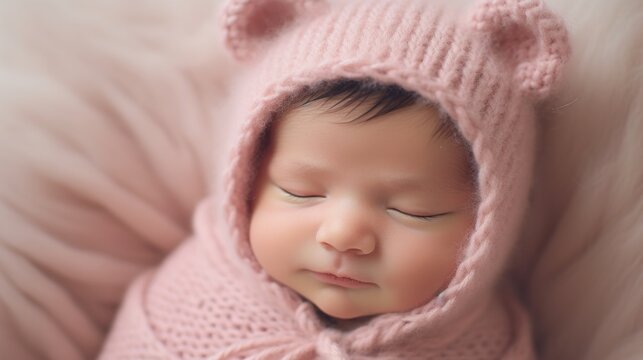 Close-up of sleeping newborn baby girl in pink knitted bear hat. Studio professional portrait, photo shoot. New life, family and children concepts.