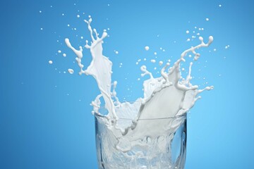 Glass of splashing milk on blue background