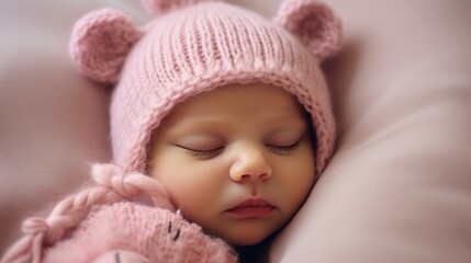 Fototapeta na wymiar Close-up of sleeping newborn baby girl in pink knitted bear hat. Studio professional portrait, photo shoot. New life, family and children concepts.