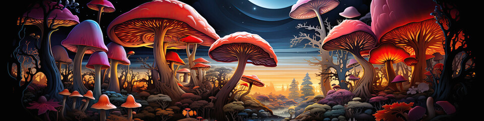 psychodelic poisonous hallucinogenic mushrooms fly agarics amanita toadstool in fairy tale forest at night - obrazy, fototapety, plakaty