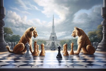 Lions play game chess oil painting city Paris Eiffel tower background texture, in the style of soft, muted colors, soft and dreamy depictions, elegant, painted style, acrylic, decorative painting, oil - obrazy, fototapety, plakaty