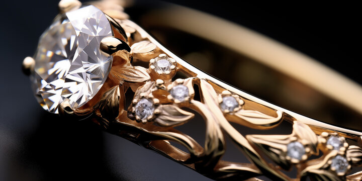 Realistic diamond golden ring photography a fashionable jewel Gold ring with diamond Shiny gold wedding ring with diamond gemstone generated by artificial intelligence.AI Generative
