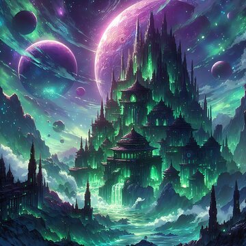 Highly detailed anime picture in green and purple colors, a mysterious ruins from ancient times, dark mystic night, wonderful Bioluminiscent green and purple colours in sky.