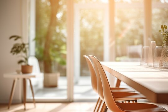 Blurred background image of a dining table with chairs in a modern home