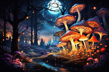 fairy tale magic forest with poisonous hallucinogenic mushrooms fly agarics amanita toadstool at night under the moon. Psychedelic banner - obrazy, fototapety, plakaty
