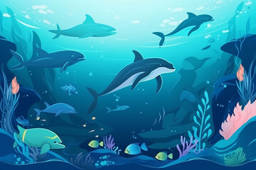 illustration of underwater world concept, Cute sea fishes ocean underwater animals. silhouette of coral reef with fish on blue sea. Deep Blue Whale