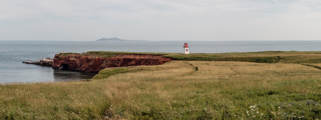 vue d'un phare blanc et rouge au bord de l'eau avec une falaise de roche rouge en été avec du gazon en avant plan - obrazy, fototapety, plakaty