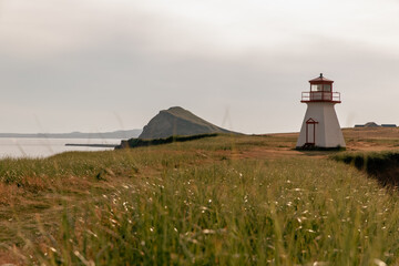 vue sur un phare rouge et blanc en bord de mer avec du gazon vert en été