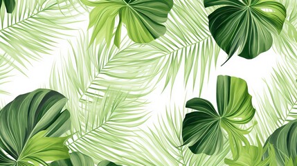 Fototapeta premium Seamless pattern with tropical leaves, illustration, Tropical palm leaves, Tropical seamless background pattern, Tropical monstera palm green pattern on a white background.