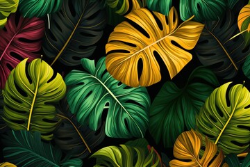 Seamless pattern with green and yellow tropical plants and leaves, Seamless pattern with tropical monstera leaves on black background, Philodendron Leaf Seamless Pattern
