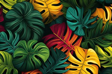 Seamless pattern with tropical monstera leaves, illustration, Tropical Plants Leaves Background, Philodendron Leaf Seamless Pattern, seamless pattern leaf trendy tropical design - obrazy, fototapety, plakaty