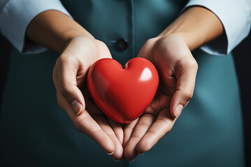 Hands of doctor nurse medical woman holding red heart showing symbol of love, human support to patient, promoting medical insurance, early checkup for healthcare, cardiologist help. Close up on object