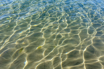 Fototapeta na wymiar Clean transparent sea water, lake bottom and sand. Beautiful blue, turquoise transparent surface