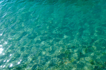 Clean transparent sea water, lake bottom and sand. Beautiful blue, turquoise transparent surface