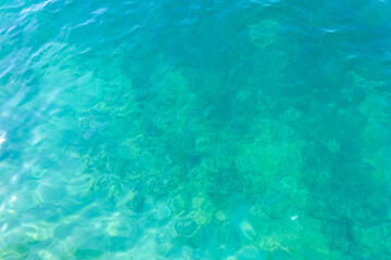 Clean transparent sea water, lake bottom and sand. Beautiful blue, turquoise transparent surface
